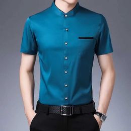 Men's Dress Shirts Mens Short Slve Shirts Summer Stand-up Collars Solid Colour Short Shirts Young and Medium-aged Fashion Casual Crop Tops Trends Y240514