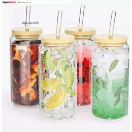 USA CA Warehouse 16Oz Clear Water Cold Boba Coffee Drinking Frosted Beer Jar Cup Glass With Bamboo Lid And Straw 1023 0514