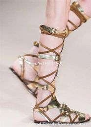 Boots Gold Brown Patchwork Knee High Flat Gladaitor Open Toe Metal Buckles Straps Cross Long Beach Sandals Comfortable Shoes