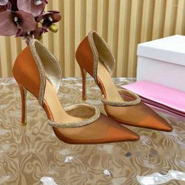 Dress Shoes Sexy Tawny Lace Mesh Crystal High-heel Pumps Real Leather Pointed Toe