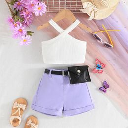 Clothing Sets 1-6Y Kids Girls Summer Shorts Sleeveless Knitted Ribbed Tank Tops Solid Colour Short Pants Belt Bags Outfits Clothes Set