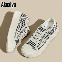 Casual Shoes White Houndstooth Pattern Two-wear Canvas Women Platform Lace-up Flat Mid Heel Ladies Vulcanised