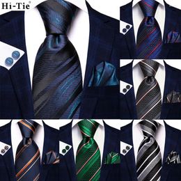 Bow Ties Hi-Tie Striped Blue Black Silk Wedding Tie For Men Handky Cufflink Gift Mens Necktie Fashion Designer Business Party Dropshiping