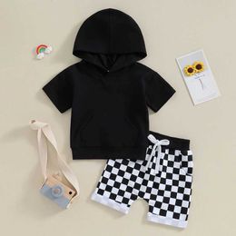 Clothing Sets 0-36months Toddler Boys Summer Outfits Solid Color Hooded T-Shirts Tops And Plaid Elastic Waist Shorts Boys 2pcs Clothes Set