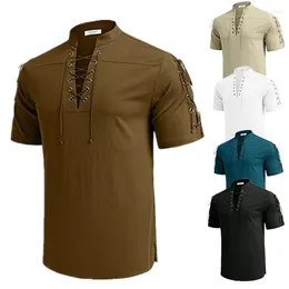 Men's Casual Shirts 2024 Beach Shirt Short Sleeve Lace-up Hippie T-shirt V-neck Pirate