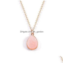 Pendant Necklaces Pendant Necklaces High Quality Teardrop Resin Stone Crystal Druzy Necklace For Women Gold Plating White Pink Blue Fa Dhltr