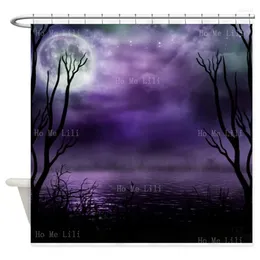 Shower Curtains Midnight Purple Sky Dark Moon River Water Rippling And Undulating Bare Tree Trunks On Both Sides Curtain With Hooks