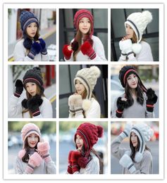 Winter Knit Hat Set Skull Caps Gloves 2Piece Suit Thick Wool Women Beanie Sets Solid Slouchy Caps Warm Outdoor Hat7396373