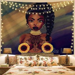 Tapestries Black Girl Women With Sunflower Magic Wall Tapestry Hanging Art Decor For Bedroom Living Room Dorm