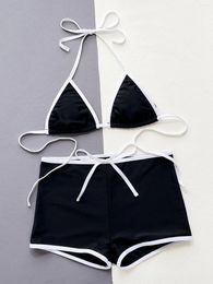 Women's Swimwear Sexy Black White Colour Block Halter Bikinis Sets Two Pieces Triangle Micro Bra With Bottoms Women Biquini Bathing Suits