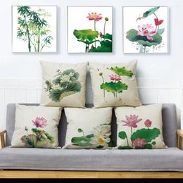 Pillow Watercolour Lotus Bamboo Cover For Sofa Home Decor Throw Pillowcase Print Plant Case Linen 45 45cm
