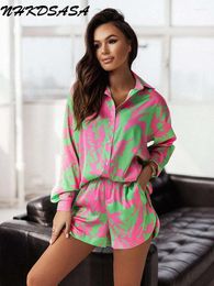 Home Clothing NHKDSASA Homewear Print Shorts Suits Woman Vintage Long Sleeve Shirt And Short Pants Suit Two Piece Set Female Casual Outfit