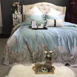 Bedding Sets Light Blue Luxury Italian Style Exquisite Lace Embroidery 100S Silk Cotton Fabric Set Duvet Cover Bed Sheet Pillowcases