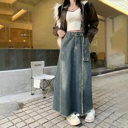 Skirts Plus Size 3XL Vintage Washed Chic Denim Skirt Women Autumn Winter High Waist Loose Stitching Design A- Line Long Jeans