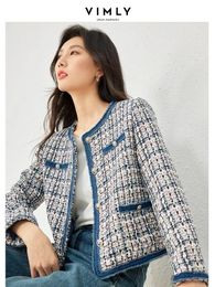 Vimly Plaid Tweed Cropped Jacket for Women Spring Patch Denim Design Elegant Fashion Lady Short Coat Female Outerwear M3288 240508