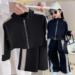 Clothing Sets Children Set 2024 Spring Autumn Girls Zipper Korean Style Stretch Top Straight Pants Casual Fashionable 2pcs Suits 2-7Y