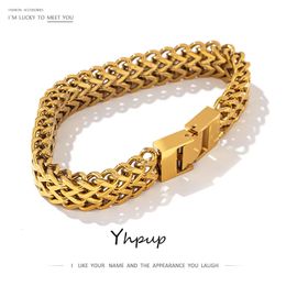 Yhpup Unisex Jewellery Stainless Steel Cuban Link Chain Bracelet Bangle Man Women 18K Plated Gold Heavy Metal Waterproof Bijoux 240507