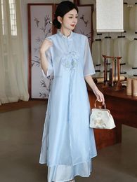 Ethnic Clothing Chinese Vintage Dress National Flower Embroidery Chiffon Cheongsam Improved Qipao A-line Banquet Evening