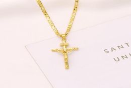 Italian inri Jesus Crucifix Cross Pendant Figaro Link Chain Necklace 9k Yellow Solid Gold GF 60cm 3mm Womens Mens9134719