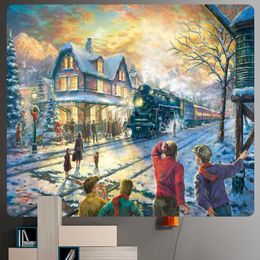 Tapestries New Year Christmas snow scene oil painting printing pattern tapestry home living room bedroom wall decoration