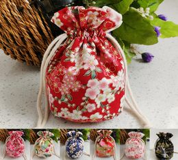 New Cherry blossoms Round Bottom Cloth Bag Chinese Cotton Linen Drawstring Pouch Small Jewellery Gift Bag Reusable Packaging Bags 1p2639189