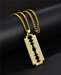 Fashion Men Blade Pendant Necklace Hip Hop Jewellery Full Rhinestone Iced Out Design 18k Gold Plated 60cm Long Chain Punk Necklaces 2536932