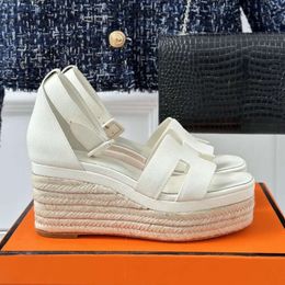 Designer Sandals Women's High Heel Summer Waterproof Platform Thick Sole End Genuine Leather Matsutake Woven Slope 80