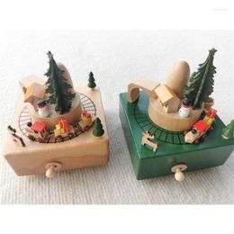 Decorative Figurines Christmas Gift Montessori Wooden Toys Green And Nature Windup Music Box With Magnetic Trains Merry -go-round