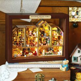 Architecture/DIY House Dollhouse Diy Wooden Miniature Furniture With LED Case 6 complete sets of mini exquisite toy models for building block towns
