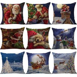 Pillow Christmas Elk Santa Claus Printed Home Decor Cover 45 45cm Cotton Linen Covers Sofa S Cases 0570