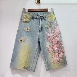 Women's Jeans European Style Half For Women 2024 Summer High Waist Colour Stitching Printed Slim Fit 3D Flower Denim Pants