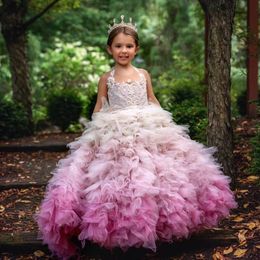 Luxurious Lace Beaded Flower Girl Dresses Ball Gown Tiers Little Girl Wedding Dresses Cheap Communion Pageant Dresses Gowns ZJ644 252w