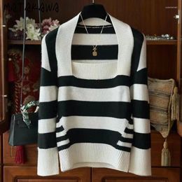 Women's Sweaters Matakawa Striped Autumn Winter Clothes Women Square Neck Vintage Pull Femme Korean Fashion Contrast Colour Pullovers