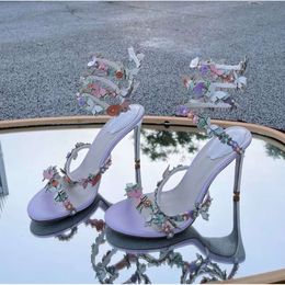 Rene High Caovilla Heel Sandals Butterfly Flower Decorative 9.5Cm Women Dress Shoes Snake Wrapped Feet Rings Summer Open Toe Pearl Designer Factory Shoe comfort