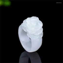 Cluster Rings Natural Stone Jade Flower Ring Myanmar For Women Jewellery Emerald Rose Hand-carved