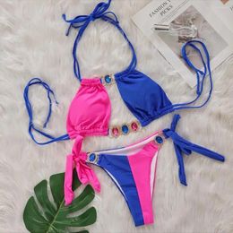 Women's Swimwear Crystal Decor Women Patchwork 2 Pieces Swimsuit Sexy Halter BacklessSwimwear Lace-Up Bikinis Push Up Beachwear Bathing