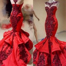 Sparkly Red Sequined Appliques Mermaid Formal Party Evening Dresses 2020 New Shiny Jewel Neck Fishtail Prom Dress Red Carpet Pageant Go 283C