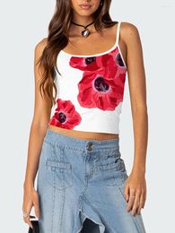 Women's Tanks Women Floral Print Crop Camisole Summer Spaghetti Strap Sleeveless Backless Tank Tops Retro Chic Camis Vests Club Streetwear
