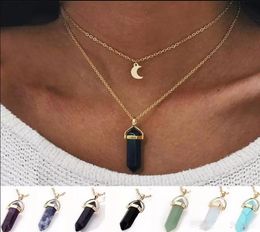 DHL Natural Stones Favor Moon Pendants Necklace Double Layer Gold Link Chains Women Crystal Quartz Bullet Hexagonal Prism Point He9462529