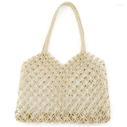 Shoulder Bags Hand-Woven Hollowwork Straw Bag Paper Rope Grid Without Lining Woven Beach Bag(Beige)