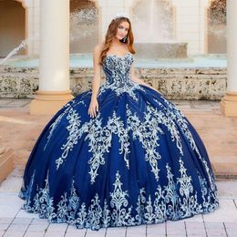 Sweetheart Nay Blue Ball Gown Quinceanera Dresses With Appliqued Beads Lace Up Prom Dress Floor Length Vestido De Festa Sweet 16 Dress 3415