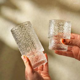 Wine Glasses 2 Pcs Vintage Glass Cups Embossed Stackable Pattern Style Transparent Cocktail Set Ice Coffee Juice Drinkware 200 300ml