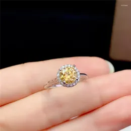 Cluster Rings Silver 925 Original 1 Round Brilliant Cut Diamond Test Past Yellow Moissanite Wedding Ring For Women Real Gemstone Jewelry