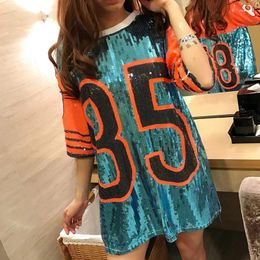 Casual Dresses Women Loose 85 Numbers Sequin T Shirt Dress Mini Hip-Hop Long Oversized Beading Tees Cheerleaders Dance Performance Tops