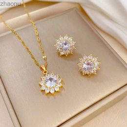 Earrings Necklace Stainless steel lucky glitter necklace earring jewelry set with stones new 18K gold-plated sunflower pendant necklace XW