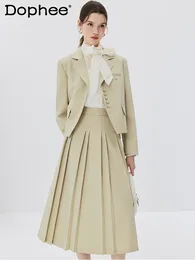 Two Piece Dress Single-Breasted Suit Pleated Skirt 2024 Spring Preppy Style Jacket A- Line Sets Womens Outifits