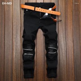 Men's Jeans Leather Knee Zipper Geometric Shape Straight Tube Cotton Soft Elastic Slim Fit Deep Black Pants 2024 High Elasticit