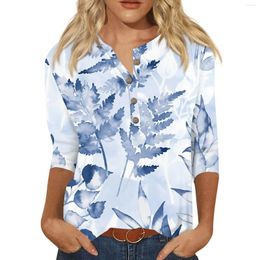 Women's T Shirts Fashion And Casual Button Round Neck 3/4 Sleeve Loose Line Printed T-Shirt Top Fashionable Simple