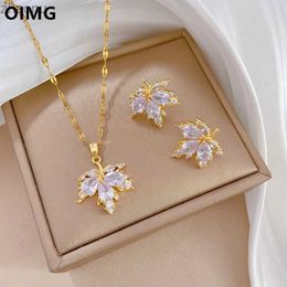 Earrings Necklace OEM 316L stainless steel gold-plated temperature transparent zircon maple leaf necklace earrings Jewellery set XW