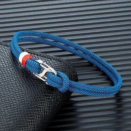 Charm Bracelets MKENDN Navy Blue Braided Rope Bracelet Stainless Steel Double Push Carabiner Clasp Survival Bracelet for Men Women Couple Gifts Y240510